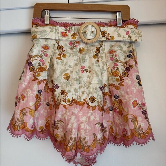 Zimmermann Laurel Pink White Linen Scalloped Floral Shorts Belt Size AU 3 US 10 - Picture 2 of 11